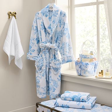 LoveShackFancy Shower Caddy + LoveShackFancy Hand & Bath Towels + LoveShackFancy XX-Small/X-Small Robe, Blue