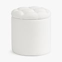 Tufted Round Storage Ottoman, Performance Linen Blend White