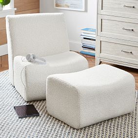 Chunky Boucle Ivory Laid Back Lounge Chair &amp; Ottoman
