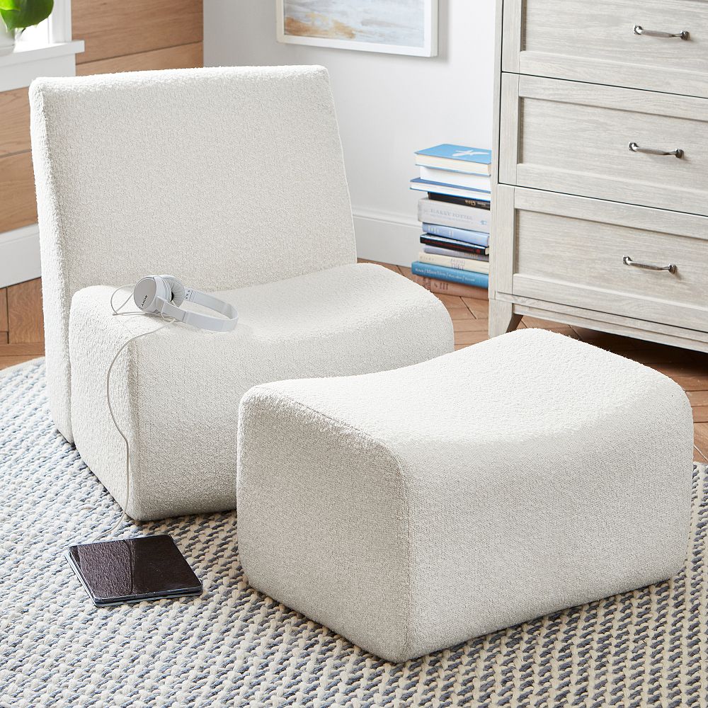 Chunky Boucle Ivory Laid Back Lounge Chair &amp; Ottoman