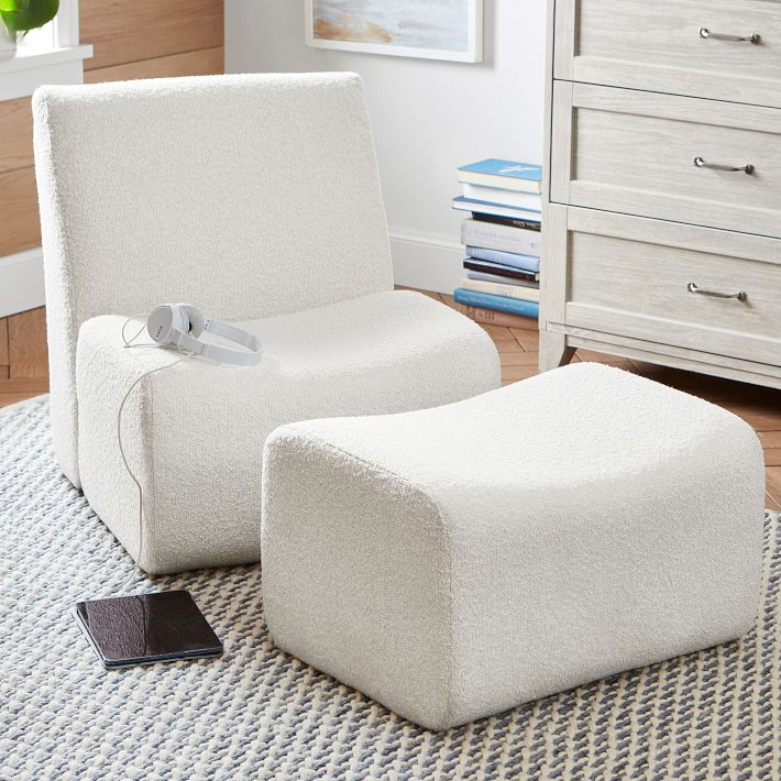 Chunky Boucle Ivory Laid Back Lounge Chair &amp; Ottoman