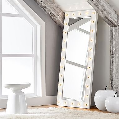 Marquee Light Floor Length Mirror, White, Large, Parcel