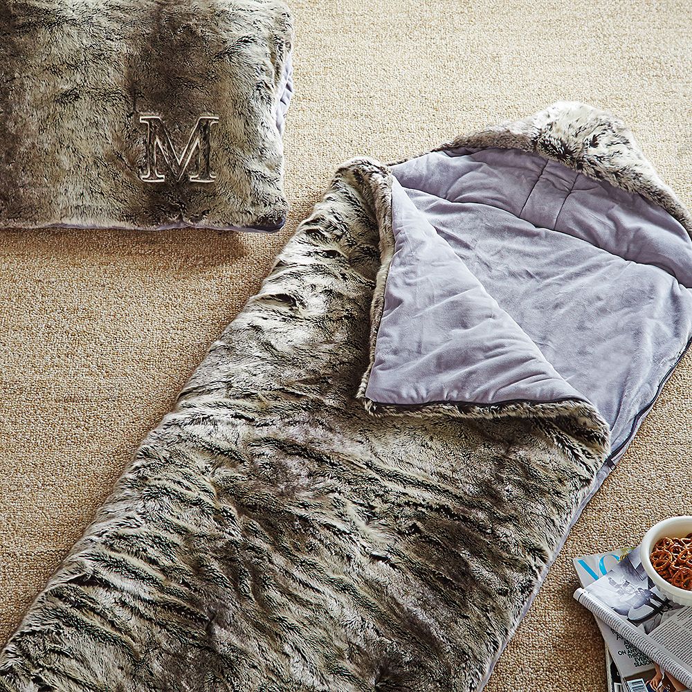 Faux Fur Sleeping Bag W/ Hood, Gray Ombre