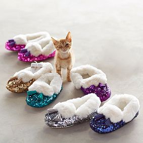 Gold Sequin Faux-Fur Moccasin Slippers
