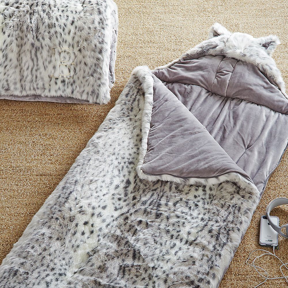 Faux Fur Sleeping Bag W/ Hood, Gray Leopard
