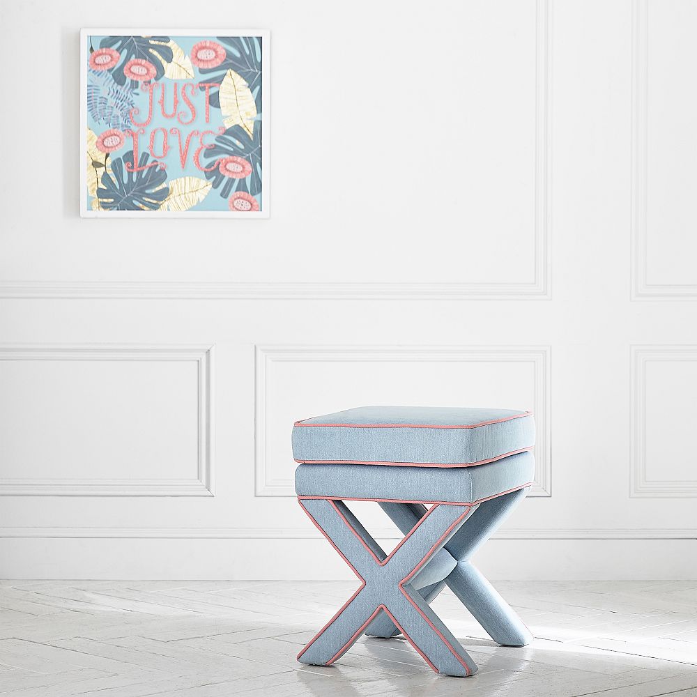 Chambray X-Frame Ottoman Stool