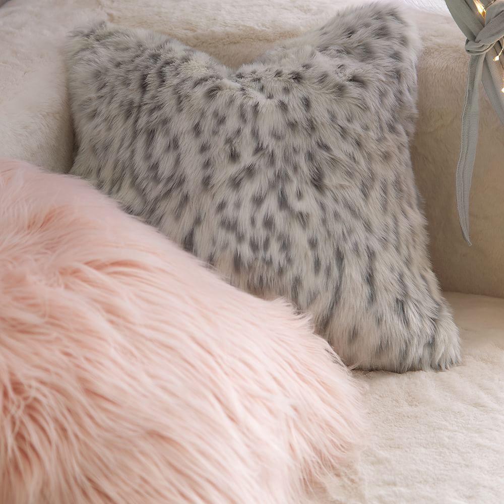 Grey Leopard Faux-Fur Pillow Cover