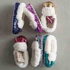 Gold Sequin Faux-Fur Moccasin Slippers