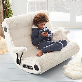 Sherpa Ivory Faux-Fur Double Gaming Speaker Media Chair