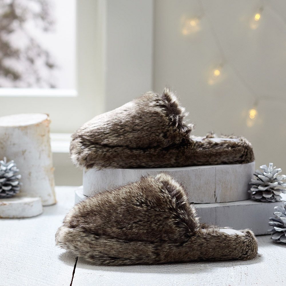 Faux Fur Slippers, Gray Ombre
