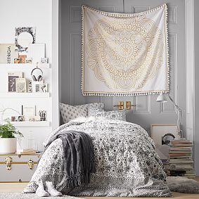 Tassel Trim Mandala Tapestry, Gold/White