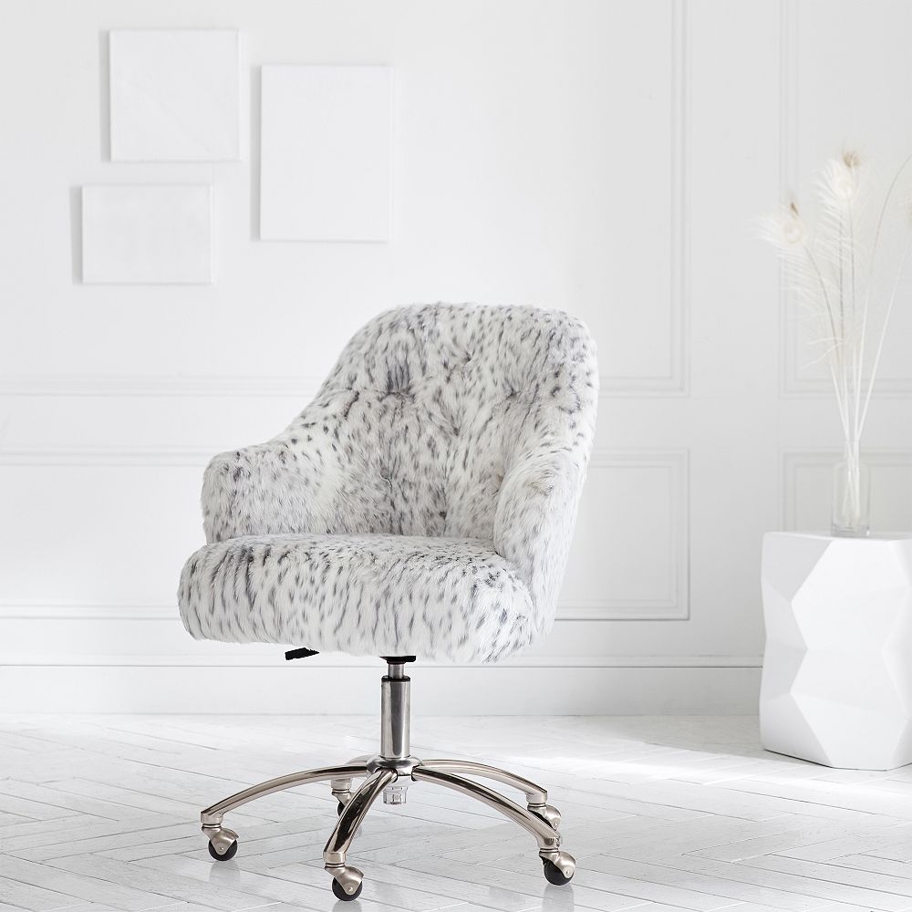 Gray Leopard Faux-Fur Tufted Desk Chair