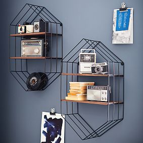 Wood and Wire Hexagon Wall Bookcase