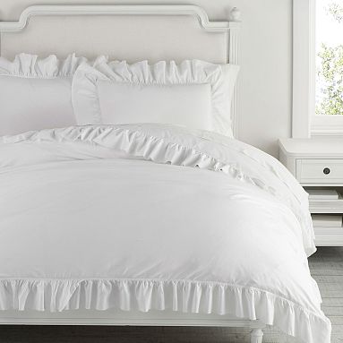 Washed Cotton Ruffle Organic Duvet Cover, Single/Single XL, White