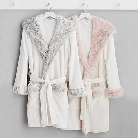 Leopard Faux-Fur Trim Hooded Robe