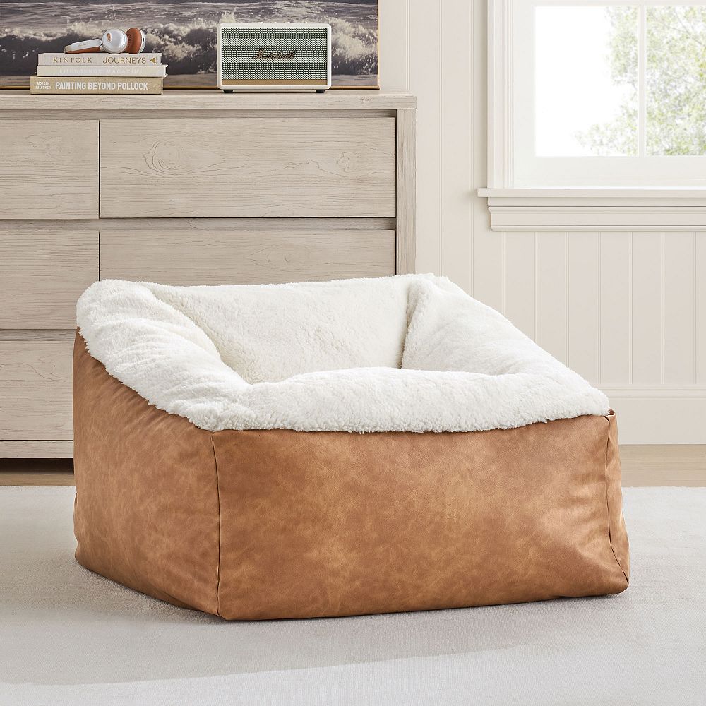 Large Faux Leather Caramel &amp; Sherpa Ivory Modern Bean Bag Lounger