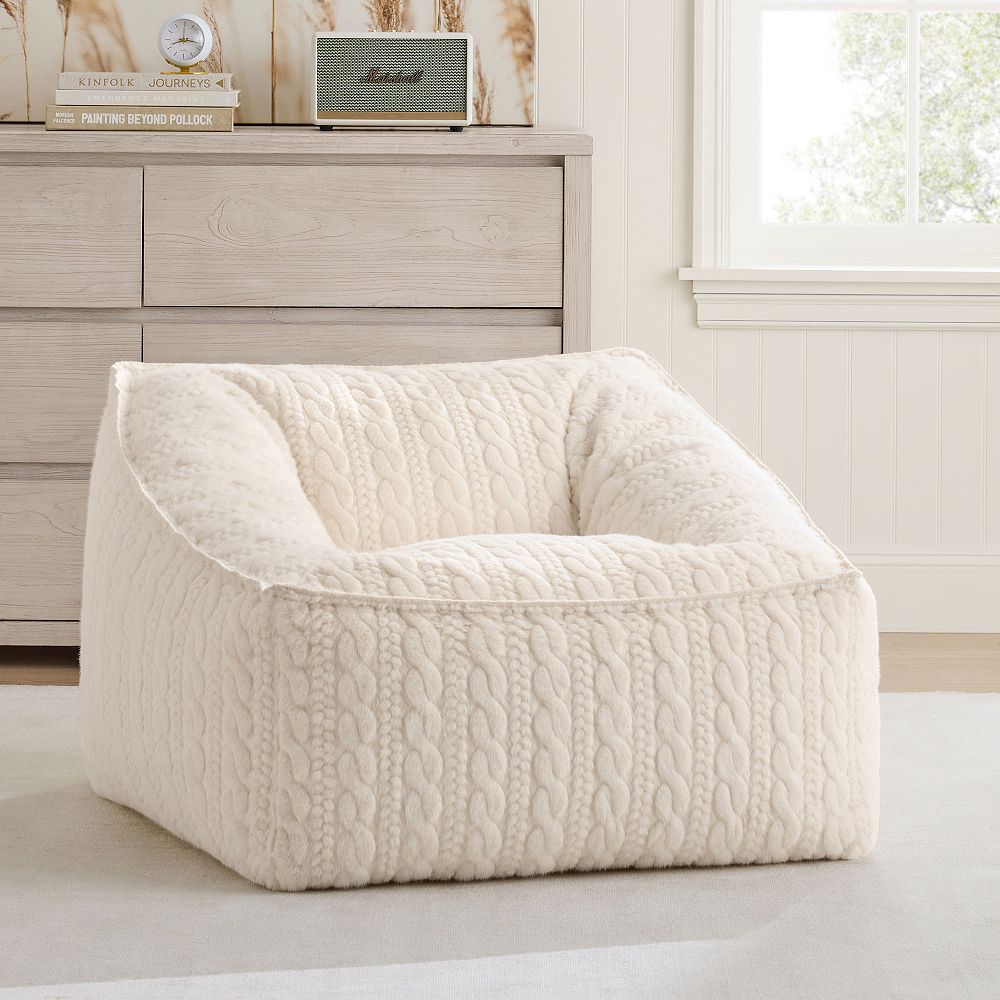 Large Cable Faux Fur Ivory Modern Bean Bag Lounger