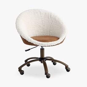 Faux Leather Caramel &amp; Sherpa Ivory Round Swivel Desk Chair