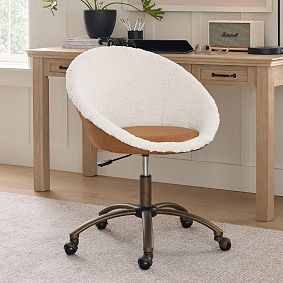 Faux Leather Caramel &amp; Sherpa Ivory Round Swivel Desk Chair