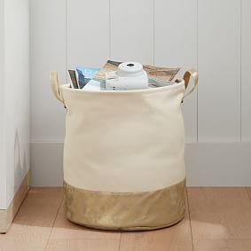 Gold/White Vegan Leather-Trim Canvas Bins