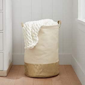 Gold/White Vegan Leather-Trim Canvas Bins