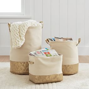 Gold/White Vegan Leather-Trim Canvas Bins