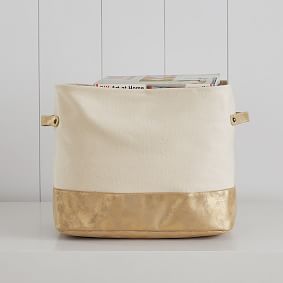 Gold/White Vegan Leather-Trim Canvas Bins