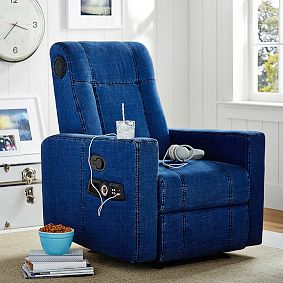 Denim Kick Back Recliner Speaker Media Chair