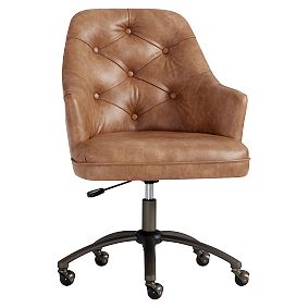 Faux-Leather Cognac Tufted Swivel  Swivel Desk Chair