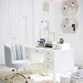 Lustre Velvet Silver Channel Stitch Swivel Desk Chair