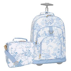 Gear-Up LoveShackFancy Blue Damask Rolling Backpack &amp; Cold Pack Lunch Box Bundle