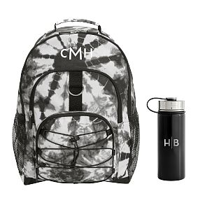 Santa Cruz Tie Dye Black and White Backpack and Solid Black Slim Water Bottle