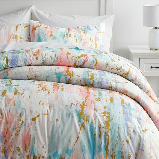 Couette Pottery Barn Teen Skylar – Imprimé Métallisé – Rose/Bleu/Or – Taille F/Q