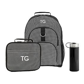Gear-Up Reflective Grid Black Backpack &amp; Cold Pack Lunch Bundle, Set of 3