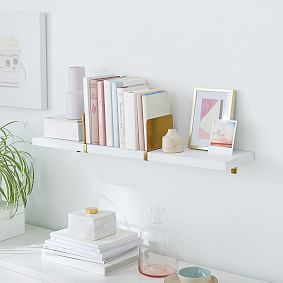 Wooden Shelf With Metal Bookend Sliders- White/Gold