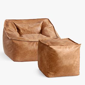 Large Faux Leather Caramel Modern Bean Bag Lounger and Pouf Set