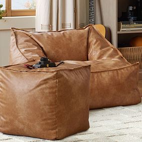 Large Faux Leather Caramel Modern Bean Bag Lounger and Pouf Set