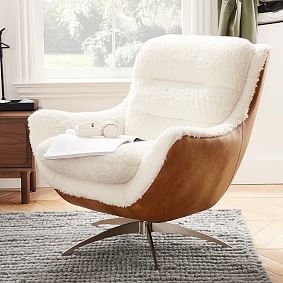 Sherpa Ivory + Faux Leather Caramel Lennon Lounge Chair