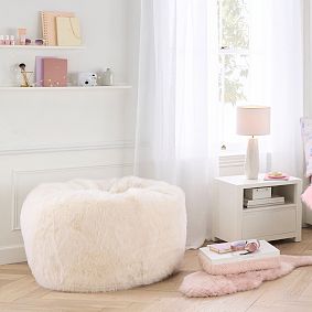 Large Feathery Faux Fur Ivory Bean Bag Chair