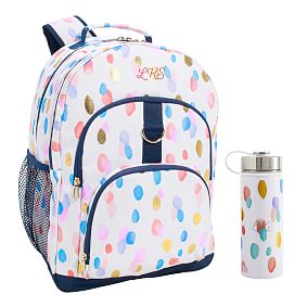 Metallic Multi Rainbow Drops Backpack &amp; Slim Water Bottle Bundle
