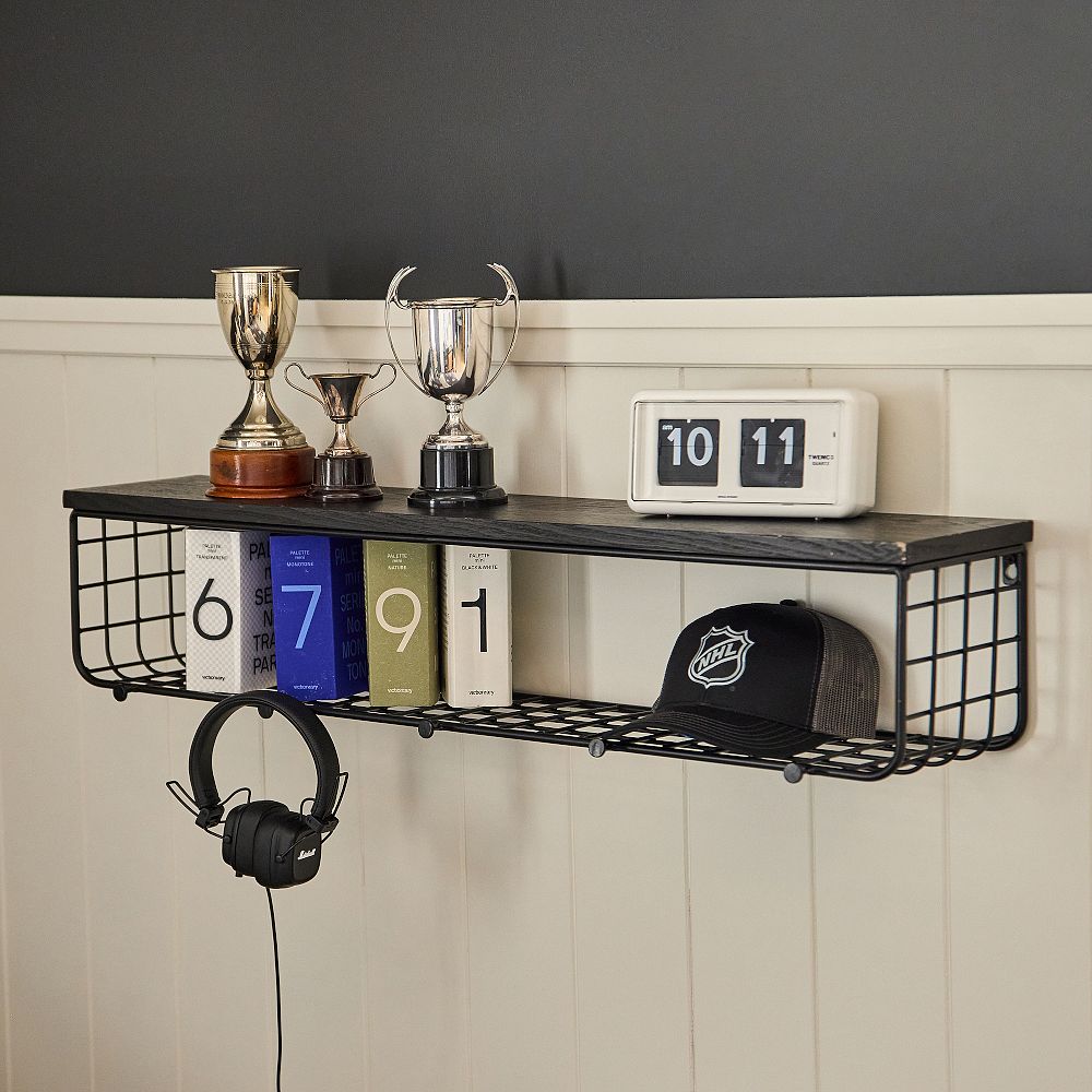Metal Grid Shelf with Hooks