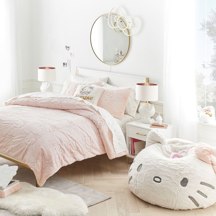 Aymax Hello Kitty Bow-beddengoedset voor tweepersoonsbed, omkeerbaar dekbedovertrek 240 x 200 cm 2 kussenslopen 65 x 65 cm, wit