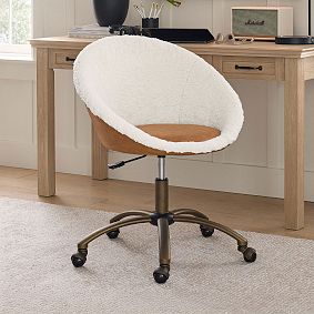 Faux Leather Caramel &amp; Sherpa Ivory Round Swivel Desk Chair
