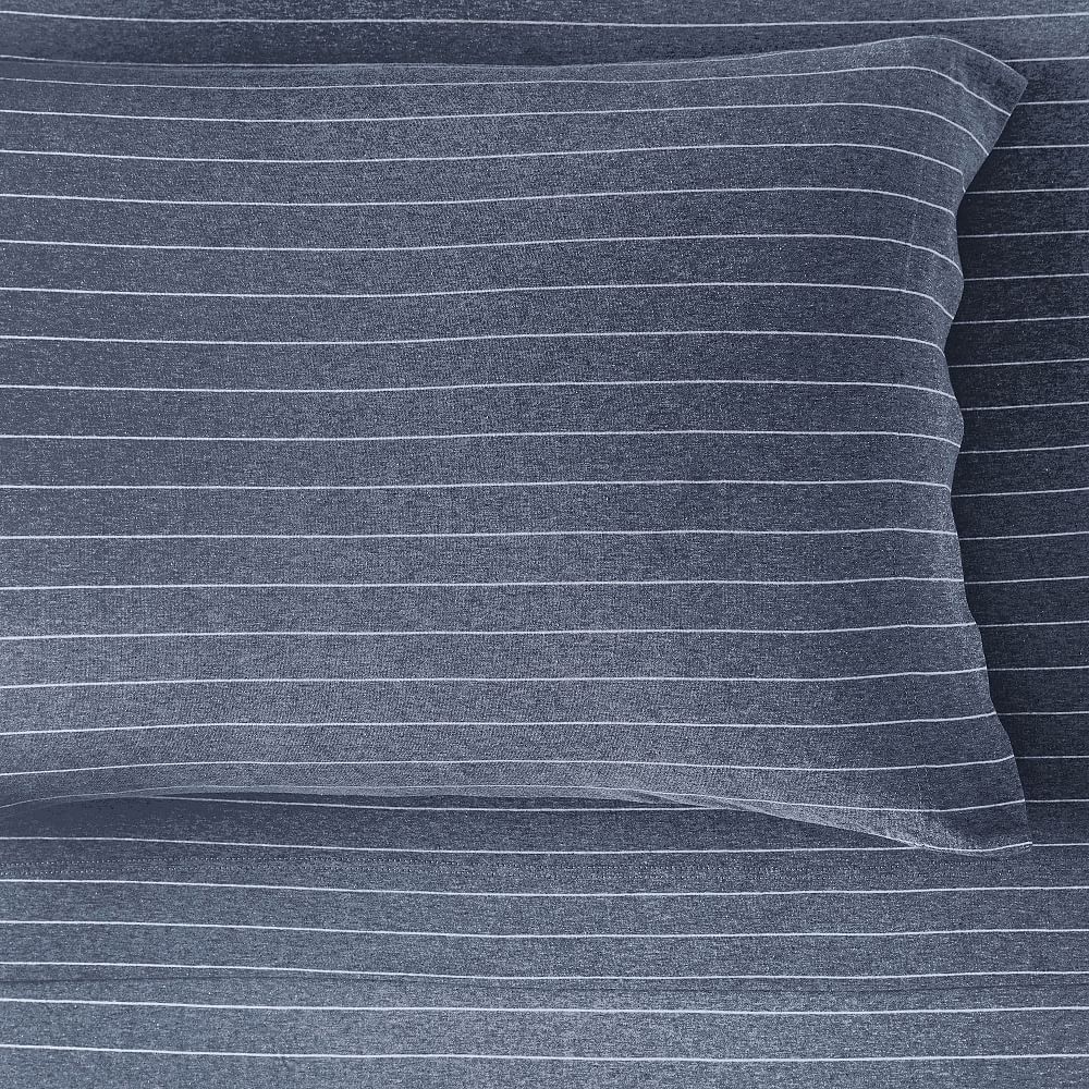 Organic Pinstripe Favorite Tee Sheet Set - Queen, Heathered Navy/white