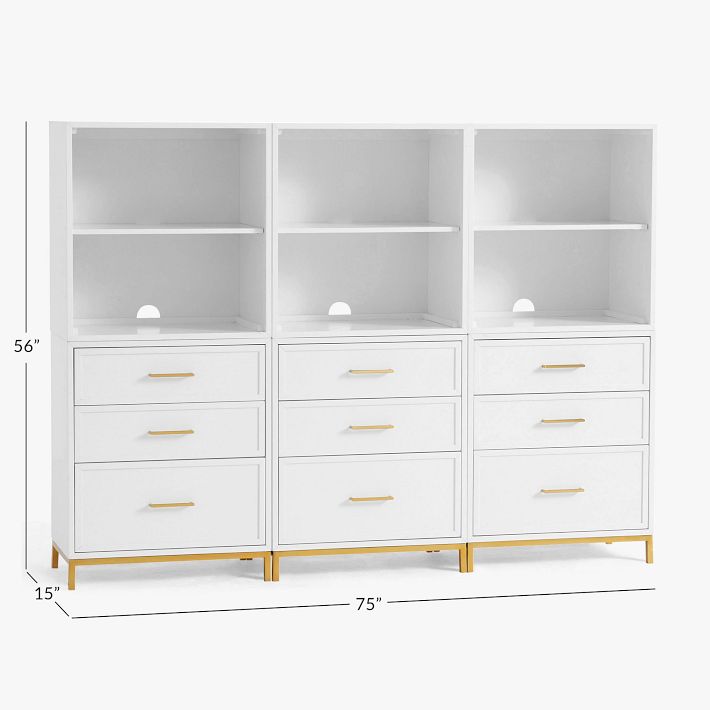 Blaire Triple Tall Bookcase With Mixed Cubbies and Drawers, Bleached Bone Blaire Triple Tall Bookcase With Mixed Cubbies and Drawers, Bleached Bone