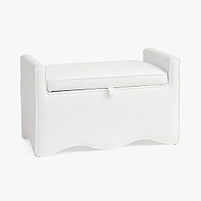 Open Box: Wavy Piped Storage Settee (36.5") - Performance Linen Blend White with White Piping