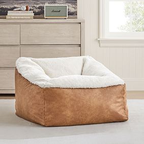 Large Faux Leather Caramel &amp; Sherpa Ivory Modern Bean Bag Lounger