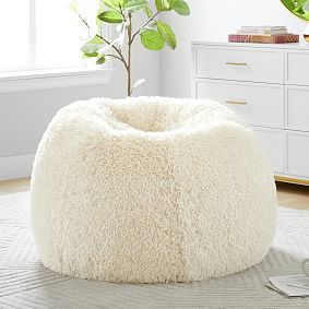 Large Mongolian Faux-Fur Ivory Bean Bag Chair Slipcover Only