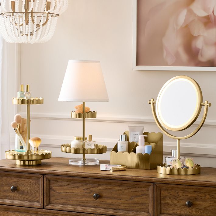 Pottery Barn Scallop Light Up Vanity Desktop Mirror, Gold