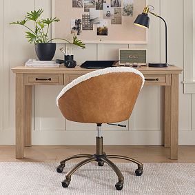Faux Leather Caramel &amp; Sherpa Ivory Round Swivel Desk Chair